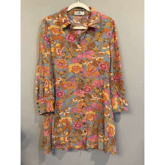 NATURAL LIFE Dresses & Skirts - NATURAL LIFE Floral Button-Down Tunic in Blue, Pink & Orange
